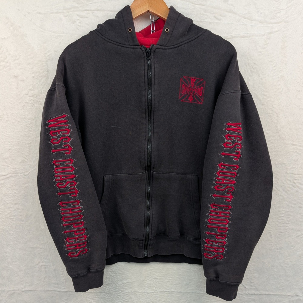 VTG West Coast Choppers Hoodie Men XL Faded Black Red Thermal Full Zip Biker Y2K